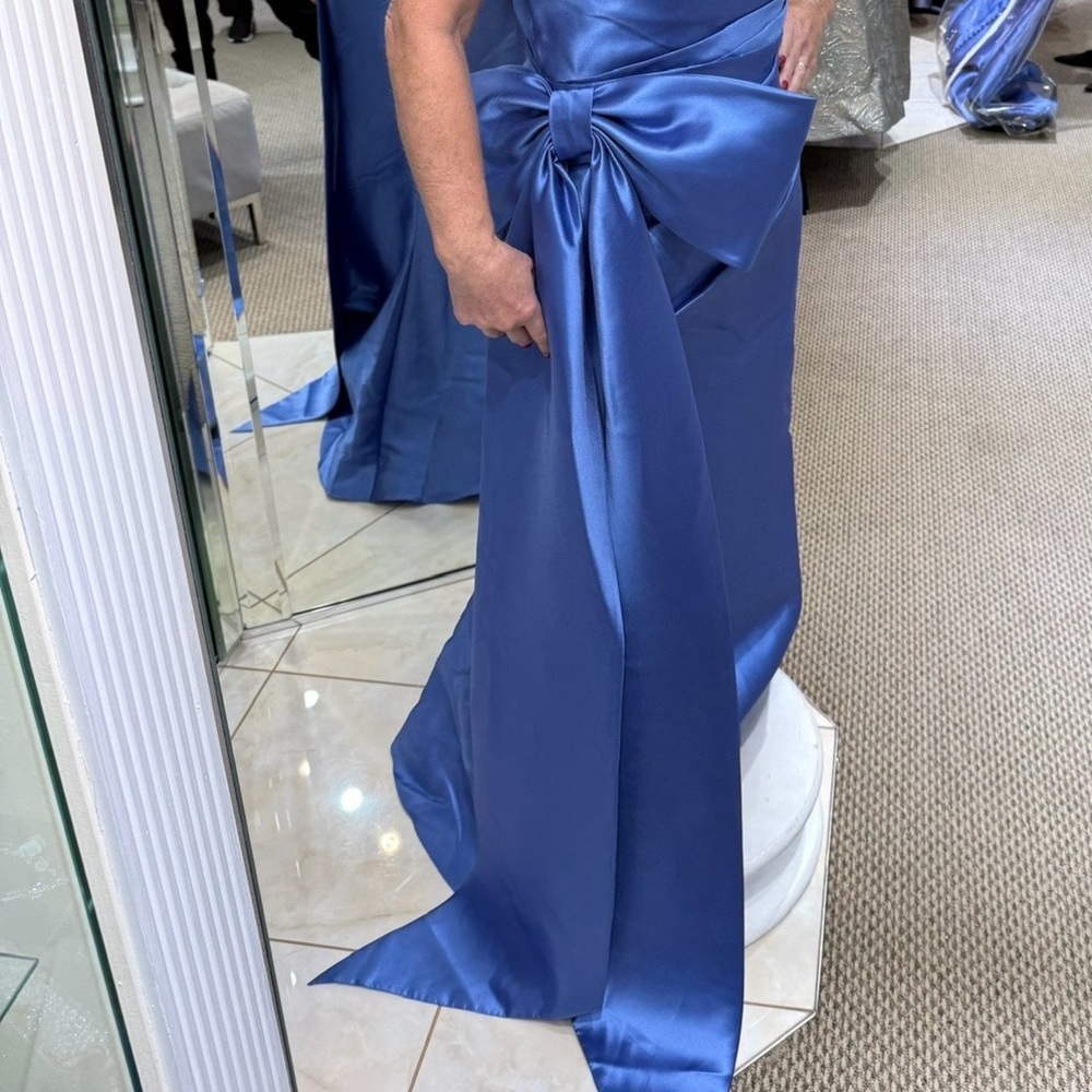 Ocean Blue Strapless Satin Evening Dress with Side Bow